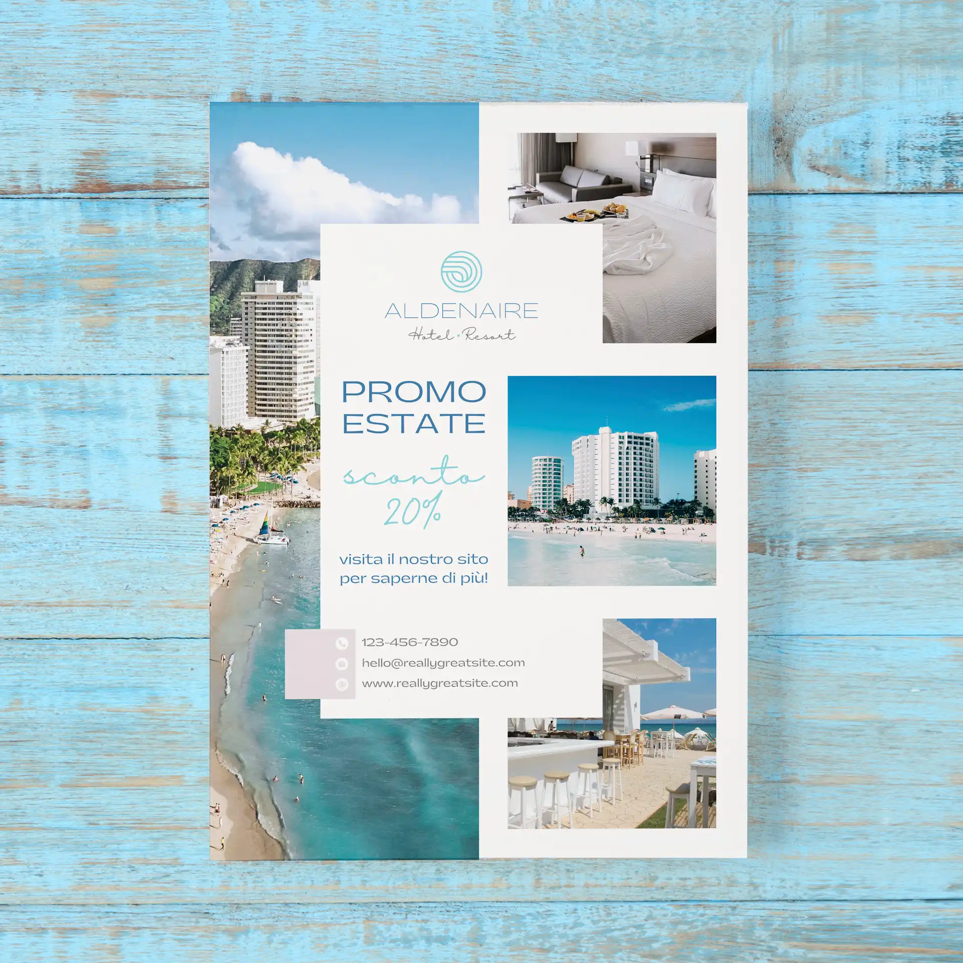 mockup con template canva di poster promozionale per hotel