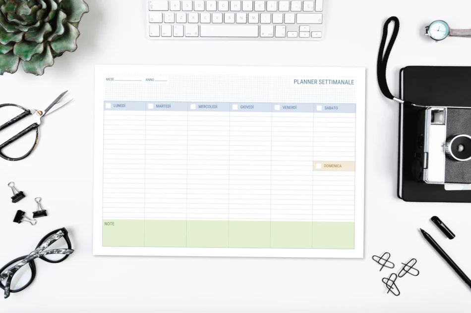 mockup con template canva di planner settimanale perpetuo