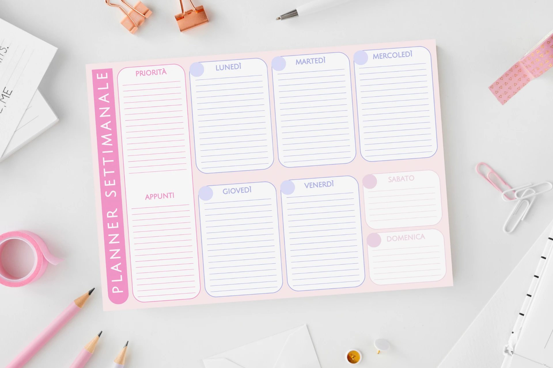 mockup con template canva di planner settimanale perpetuo