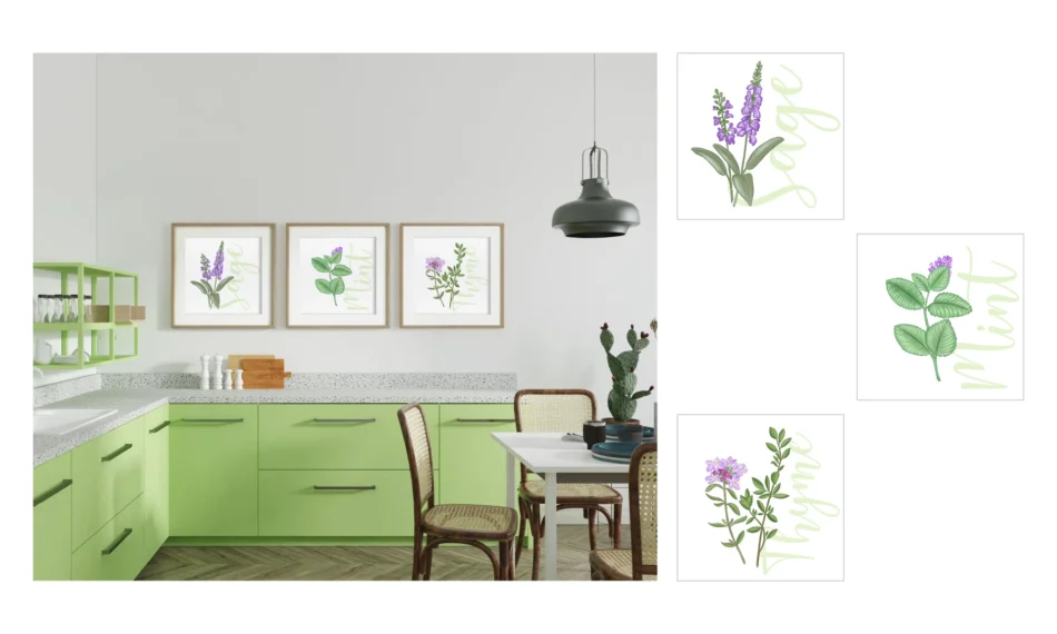 mockup poster personalizzati con illustrazioni erbe aromatiche