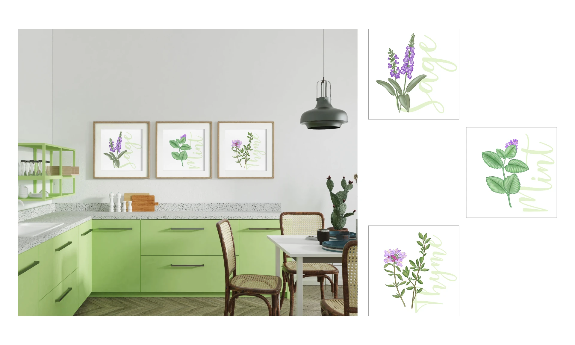 mockup poster personalizzati con illustrazioni erbe aromatiche