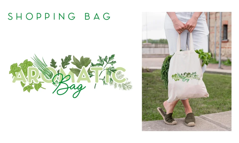 mockup borsa shopper personalizzata con illustrazioni erbe aromatiche