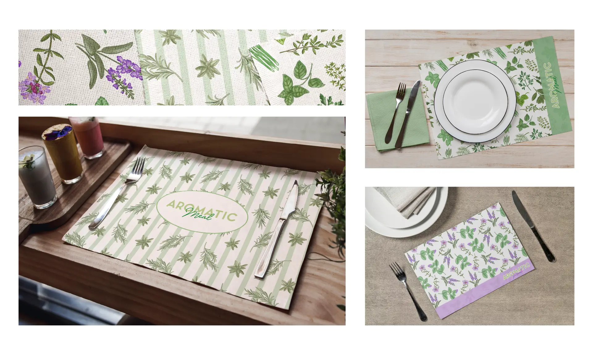 mockup tovagliette personalizzate con pattern di illustrazioni erbe aromatiche