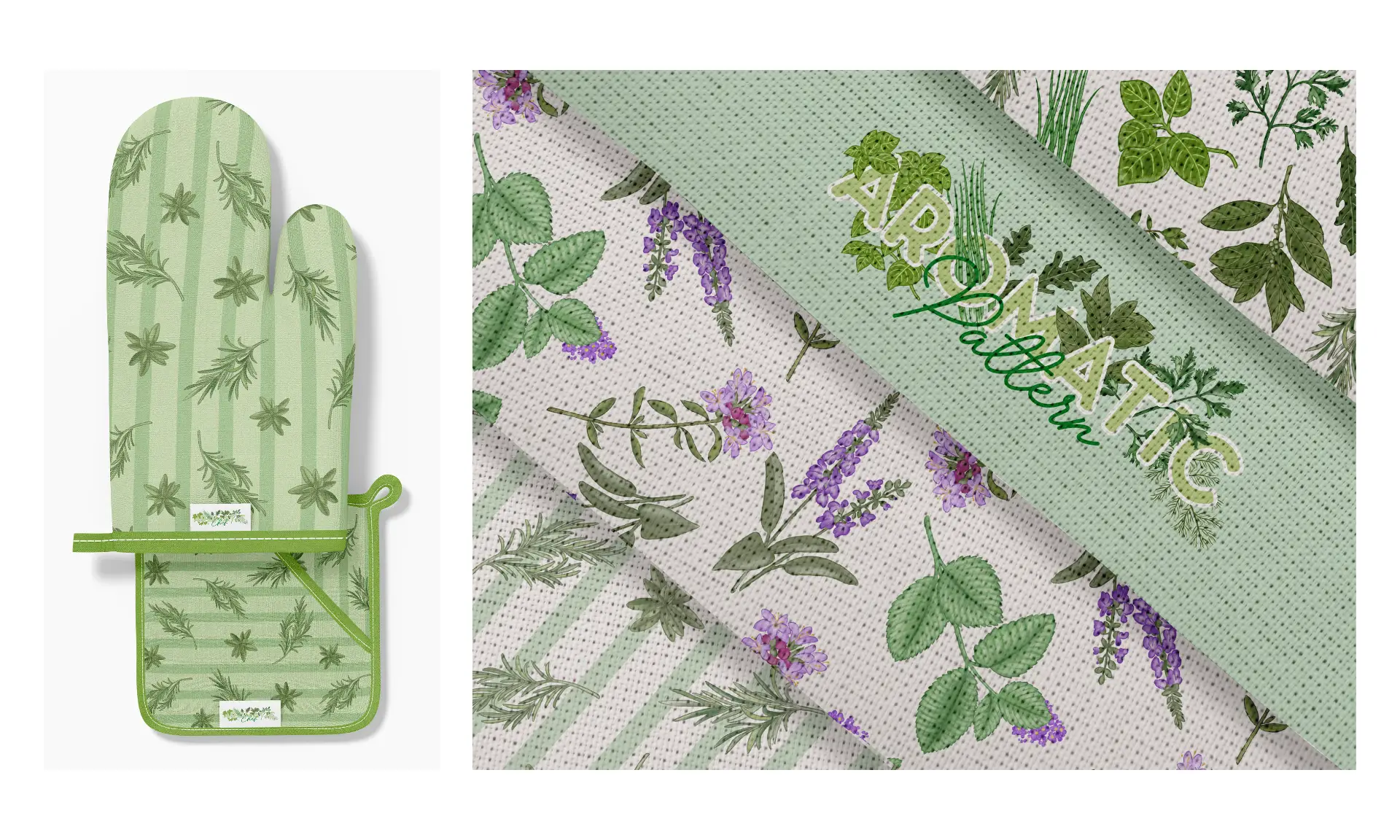 mockup guanto e tessuti personalizzati con pattern di illustrazioni erbe aromatiche