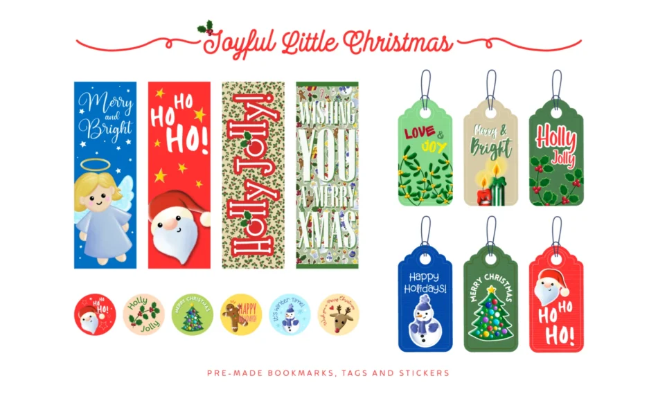 template grafici di segnalibri tag per pacchetti regalo e adesivi con illustrazioni digitali a tema natalizio
