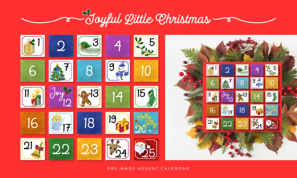 template calendario dell'avvento con illustrazioni digitali a tema natalizio