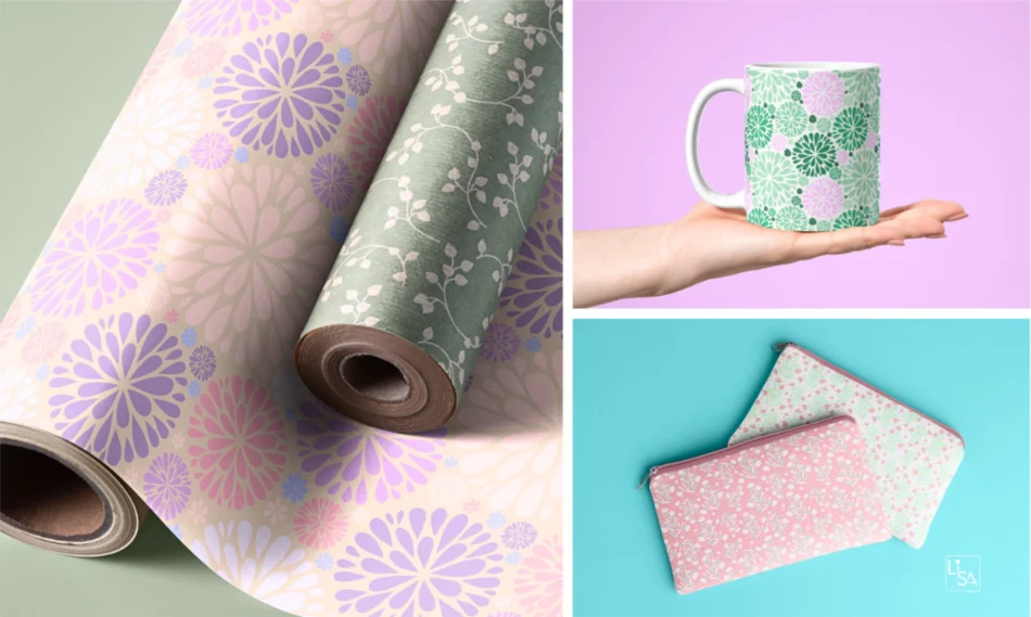 mockup pattern vettoriali a tema floreale per tazze pochette e carta da regalo