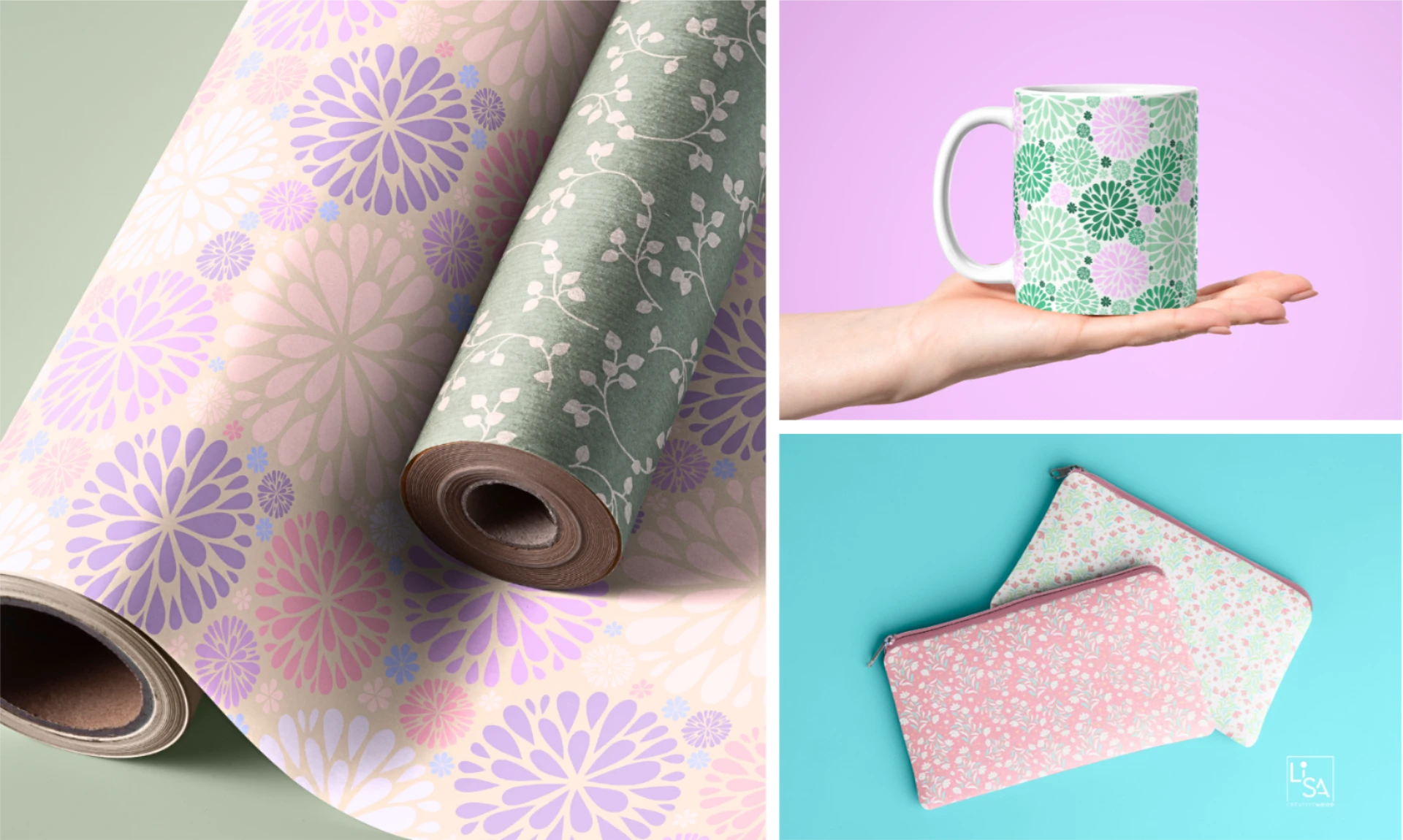 mockup pattern vettoriali a tema floreale per tazze pochette e carta da regalo