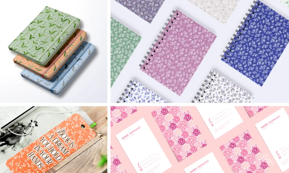 mockup pattern vettoriali a tema floreale per notebook segnalibri e biglietti da visita
