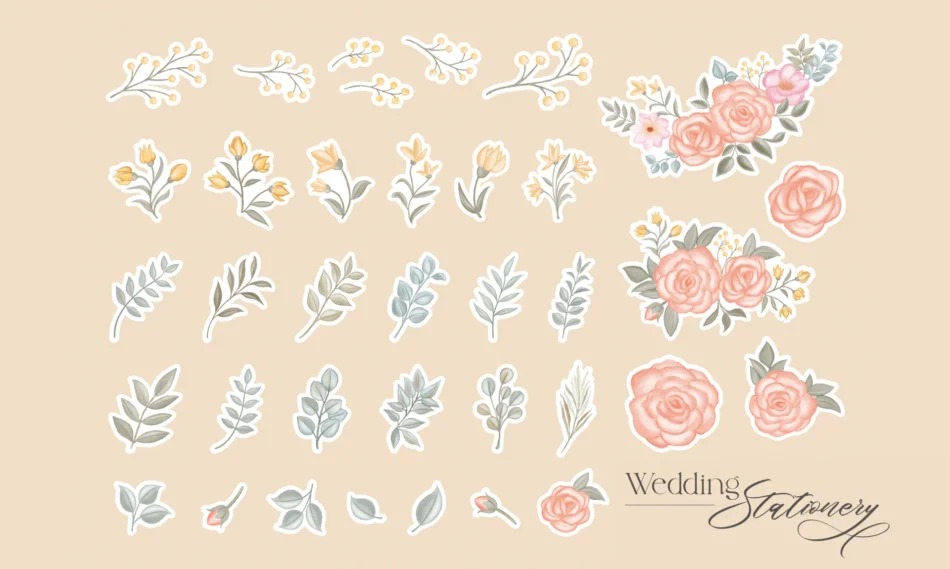 set illustrazioni digitali rose fiori e foglie