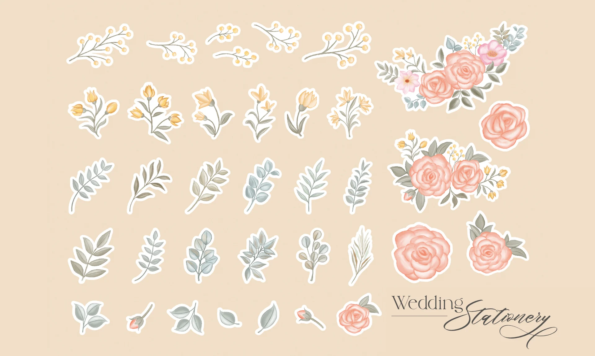 set illustrazioni digitali rose fiori e foglie