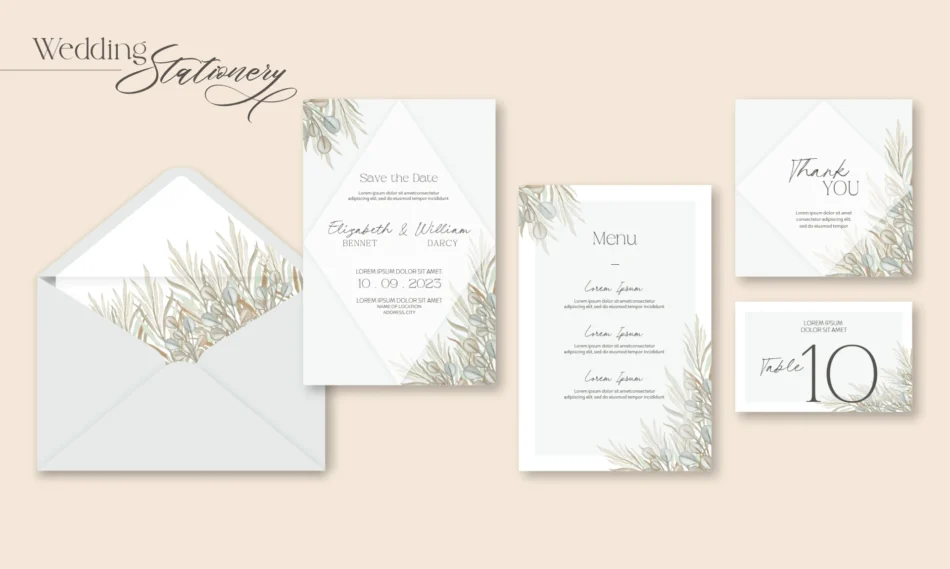 mockup inviti e cartoleria per nozze personalizzata con illustrazioni digitali floreali verde