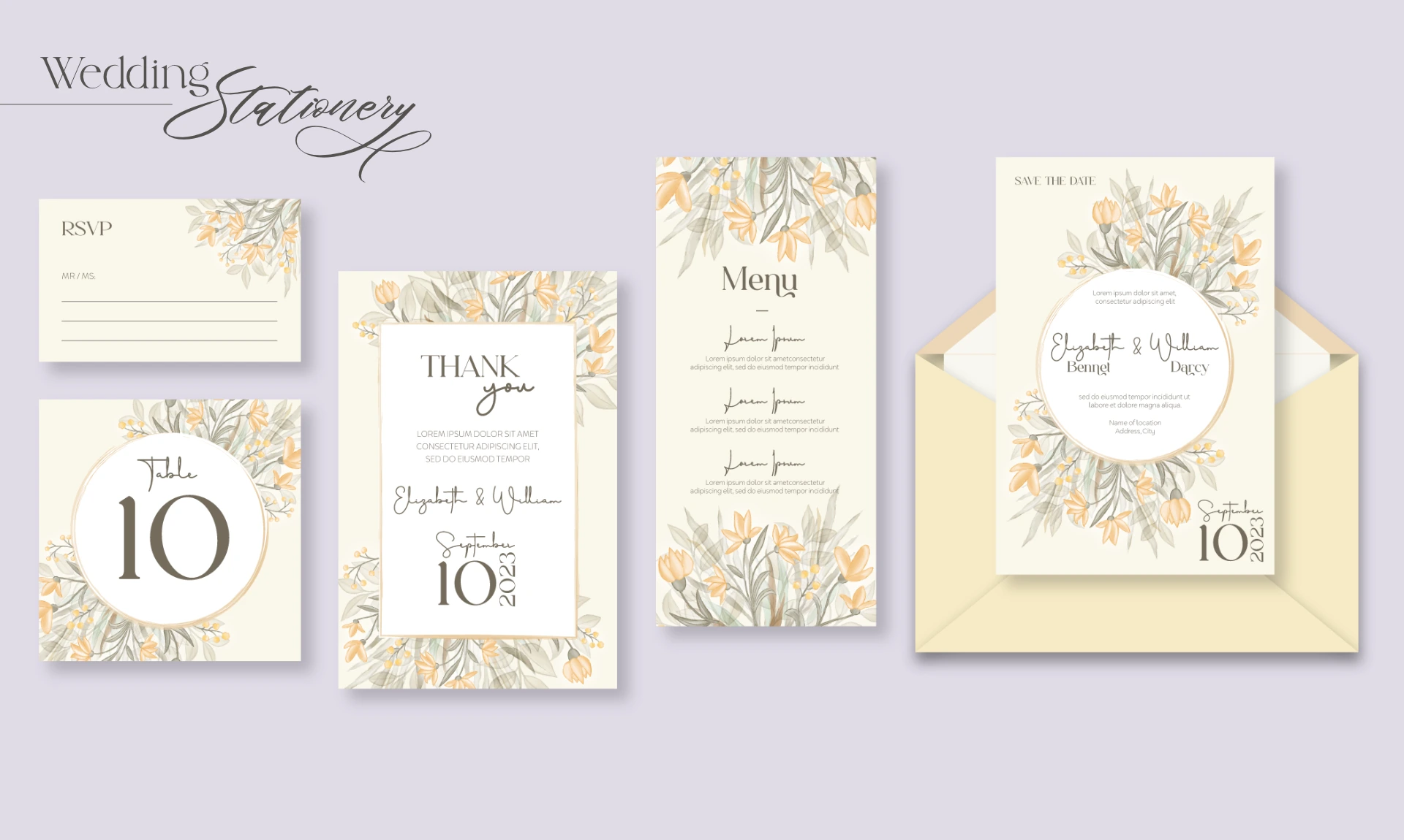 mockup inviti e cartoleria per nozze personalizzata con illustrazioni digitali floreali giallo