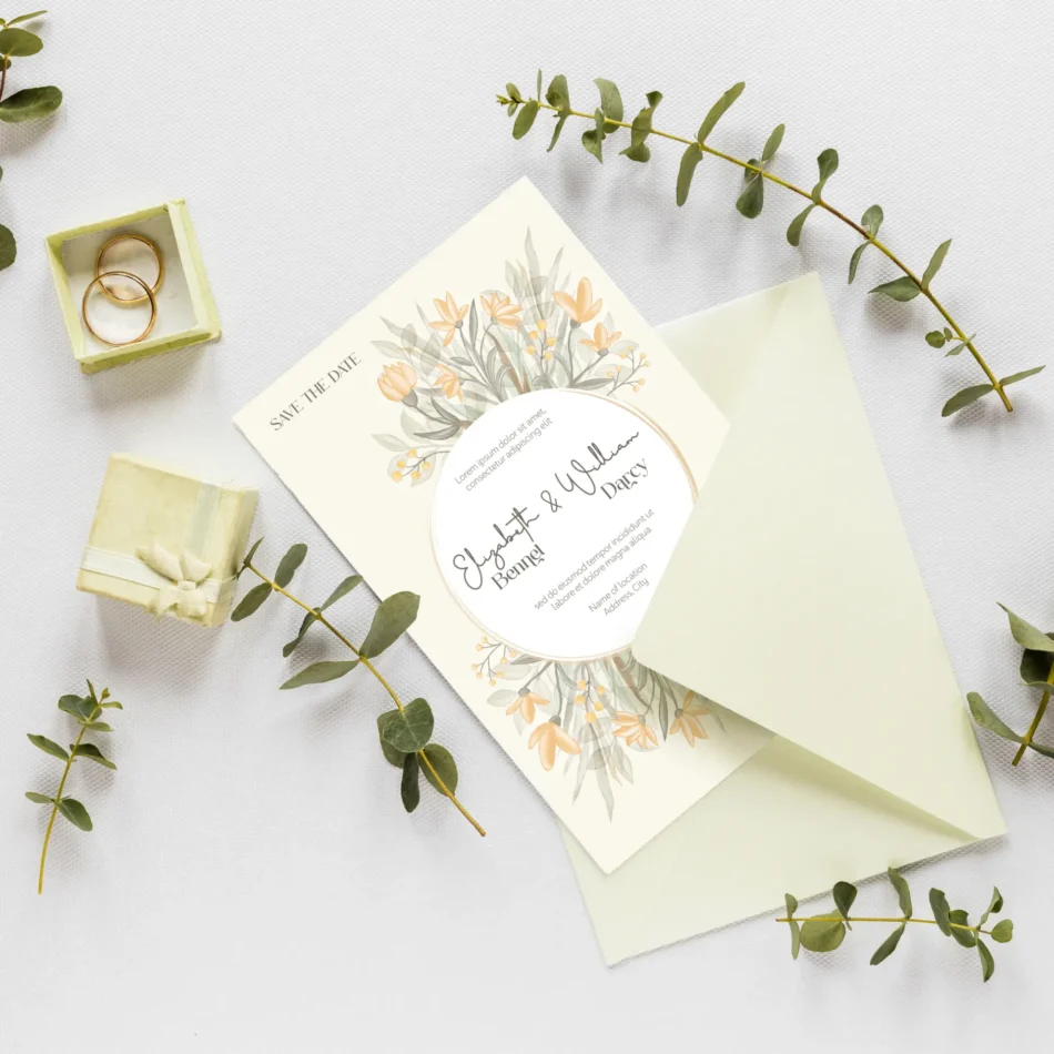 mockup invito per matrimonio personalizzato con illustrazioni digitali floreali giallo
