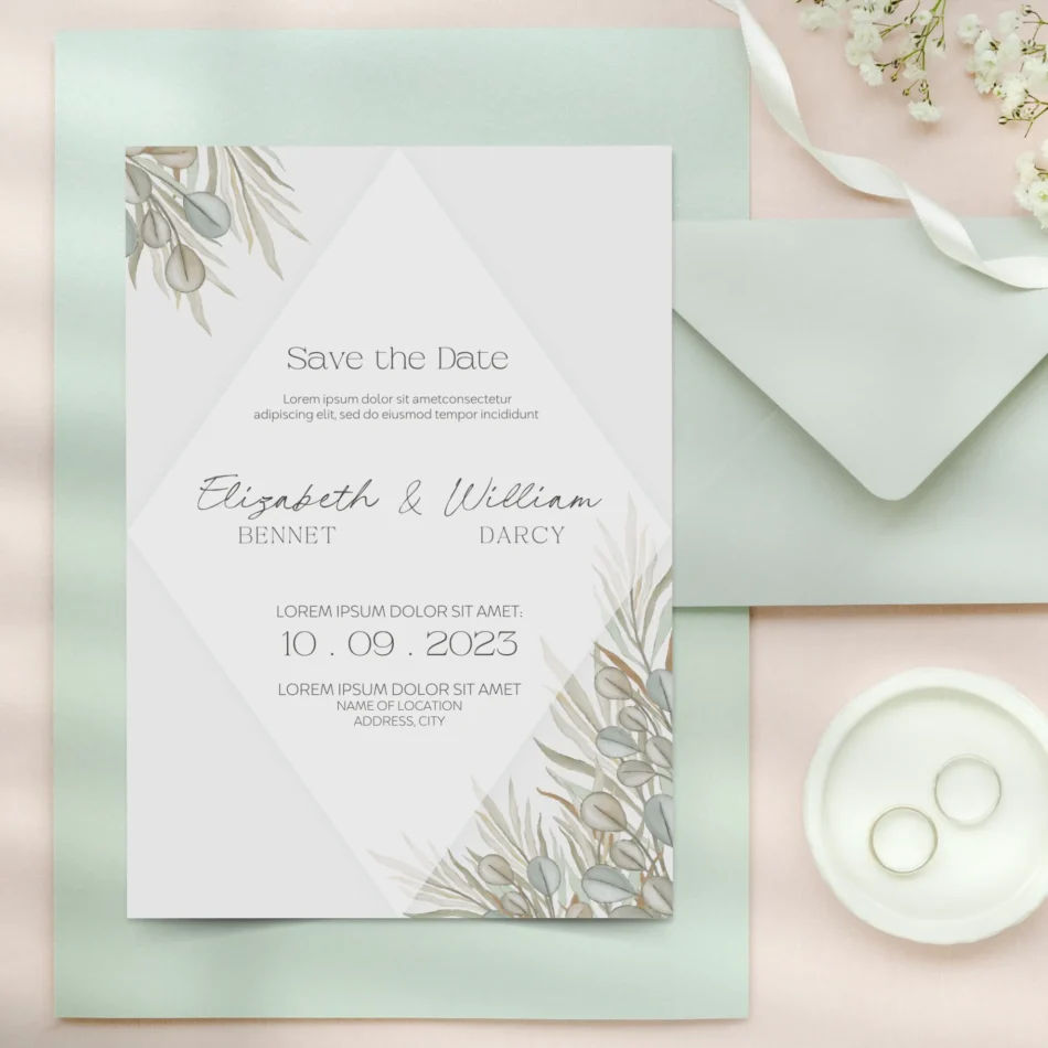 mockup invito per matrimonio personalizzato con illustrazioni digitali floreali verde