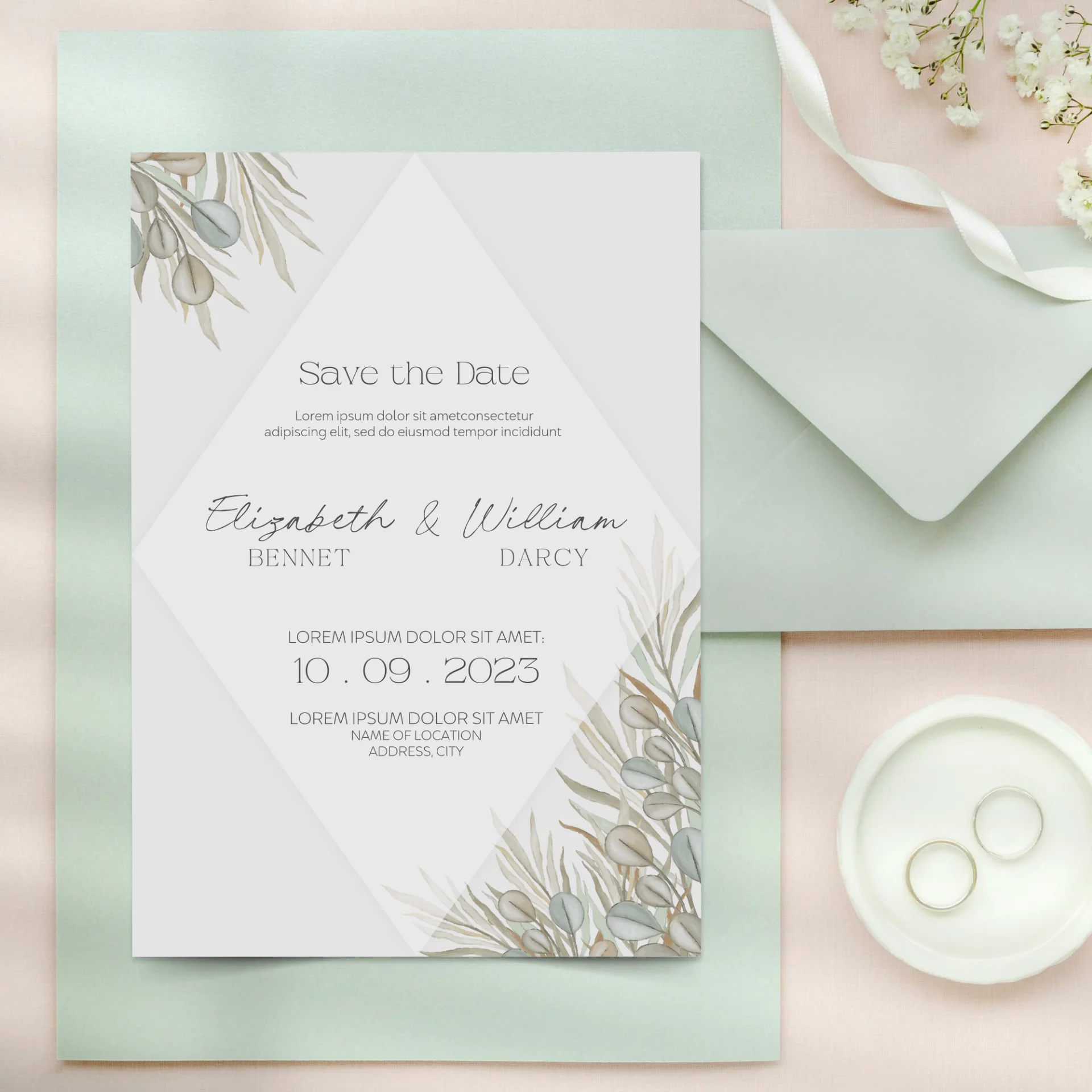 mockup invito per matrimonio personalizzato con illustrazioni digitali floreali verde