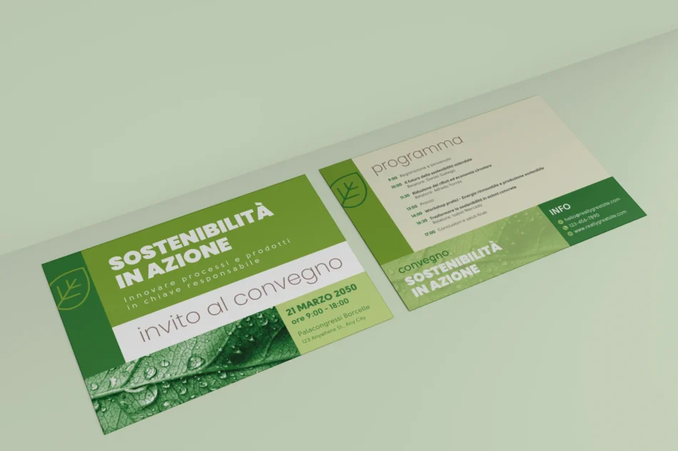 Invito elegante per convegno sulla sostenibilità aziendale, con grafica professionale personalizzabile su Canva.