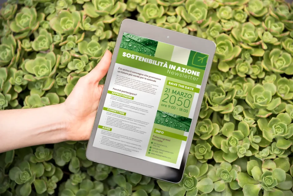 Mockup di una newsletter digitale per convegno sulla sostenibilità aziendale, realizzata con Canva e visualizzata su tablet.