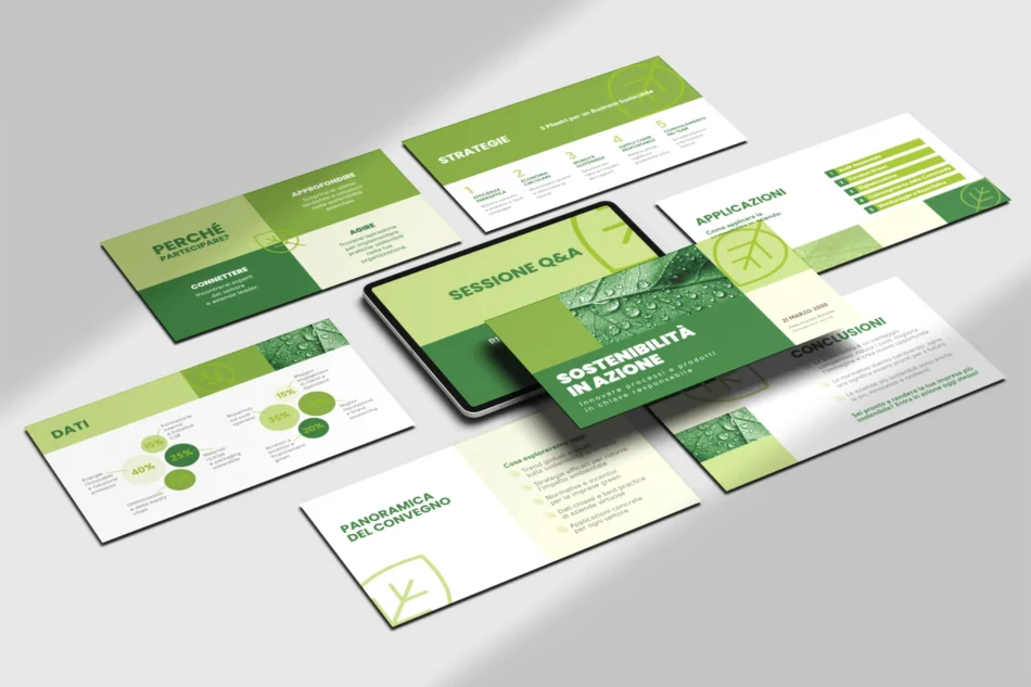 Presentazione aziendale in stile professionale per evento sulla sostenibilità, con slide realizzate su Canva.
