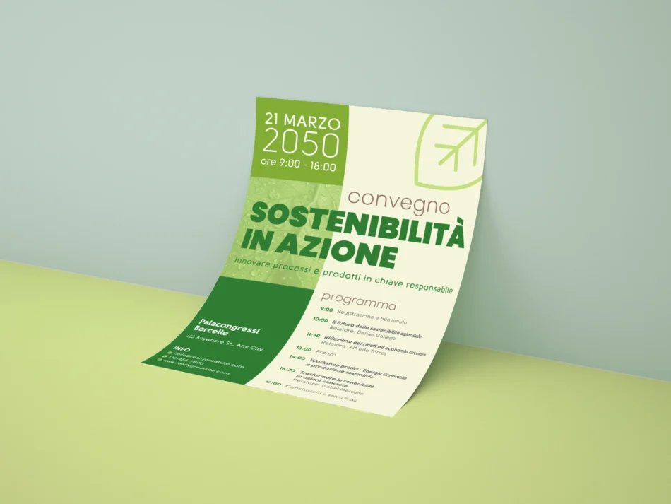 Volantino promozionale per convegno aziendale sulla sostenibilità, con programma dettagliato e grafica moderna.