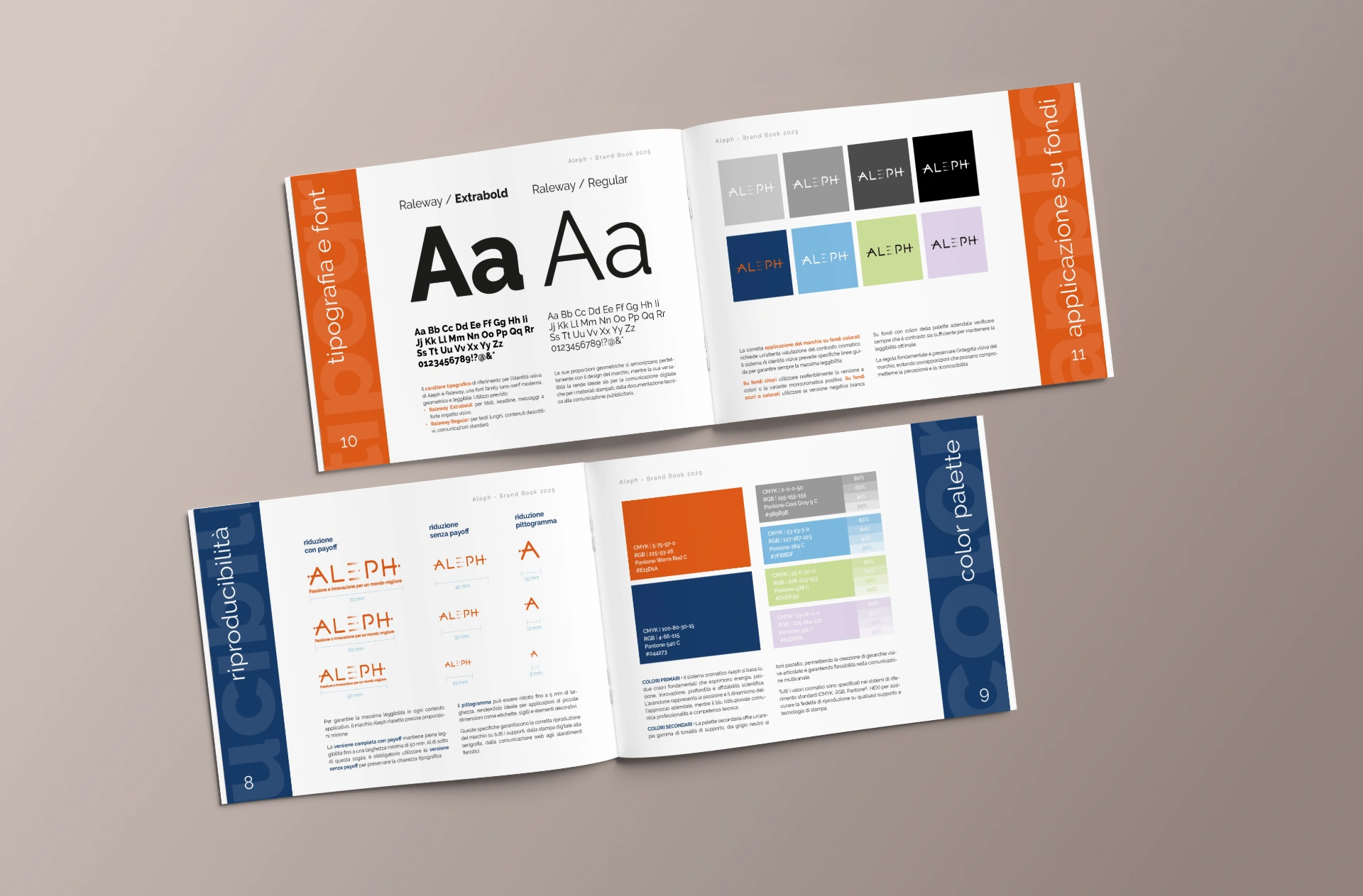 pagine interne del brand book con la nuova visual identity di Aleph Tech