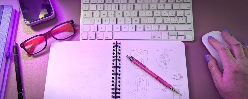 Scrivania hero brand designer Monza Brianza con sketch loghi, occhiali rossi e setup creativo
