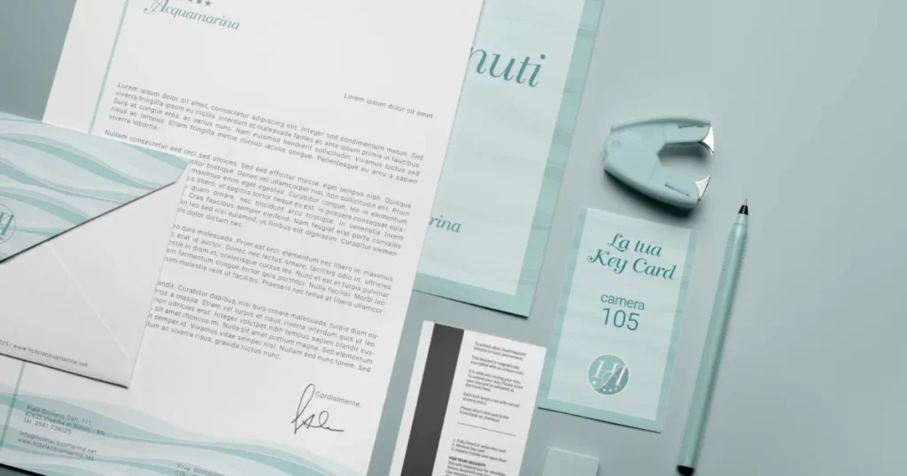 Immagine coordinata per Hotel Acquamarina: carta intestata, busta, key card e cancelleria con palette verde acqua e logo coerenti tra loro.